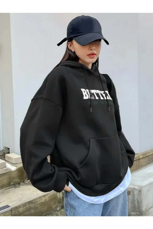 Better Baskılı Siyah Kadın Kapüşonlu Sweatshirt Hoodie