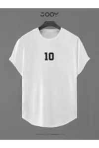 Beyaz 10 Numara Baskılı Slim Fit Oval Kesim T-Shirt-alttext1