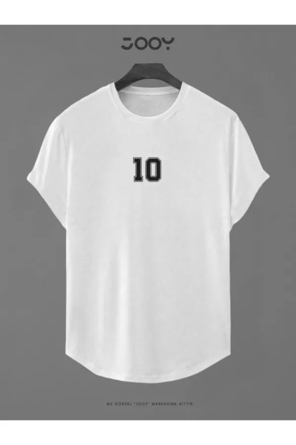 Beyaz 10 Numara Baskılı Slim Fit Oval Kesim T-Shirt - M-alttext1