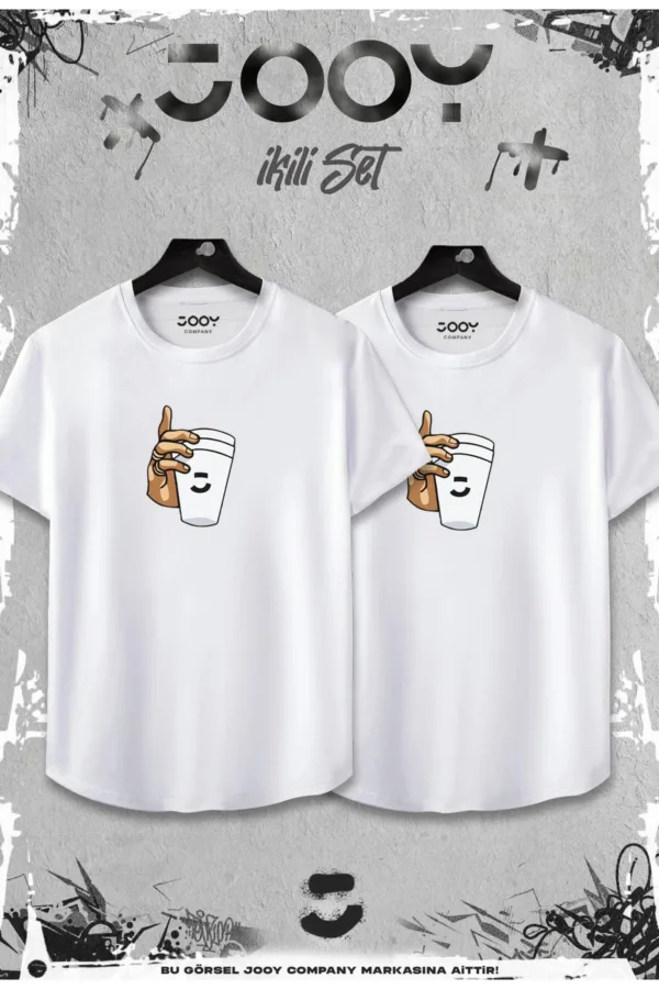 Beyaz 2'li Set Bardak Baskılı Slim Fit Oval Kesim Tshirt - XL-alttext1