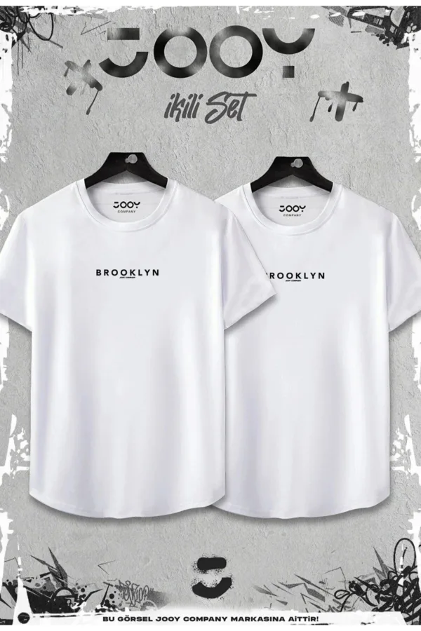 Beyaz 2'li Set Brooklyn Baskılı Slim Fit Oval Kesim Tshirt - M-alttext1