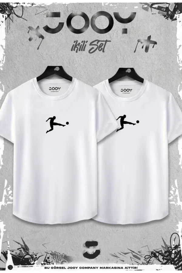 Beyaz 2'li Set Futbolcu Baskılı Oval Kesim Slim Fit Tshirt - L-alttext1
