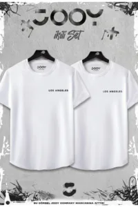 Beyaz 2'li Set Los Angeles Baskılı Slim Fit Oval Kesim Tshirt-alttext1