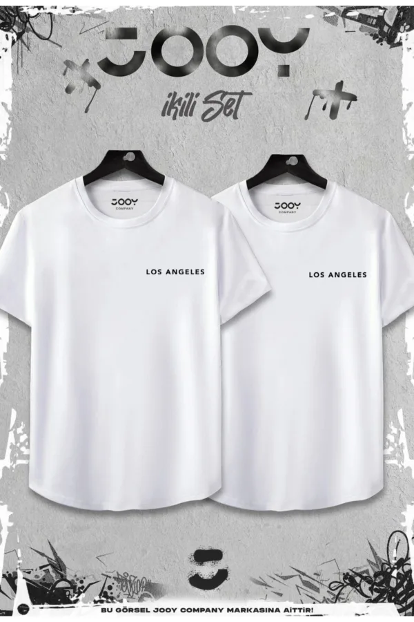 Beyaz 2'li Set Los Angeles Baskılı Slim Fit Oval Kesim Tshirt - XL-alttext1