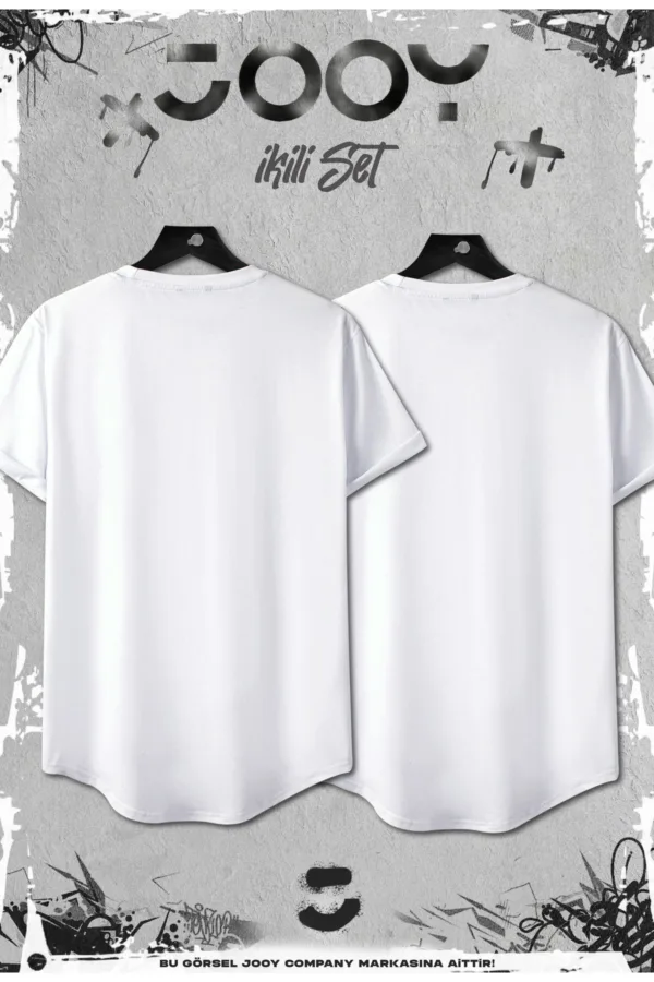 Beyaz 2'li Set Tüy Baskılı Slim Fit Oval Kesim Tshirt - S-alttext2
