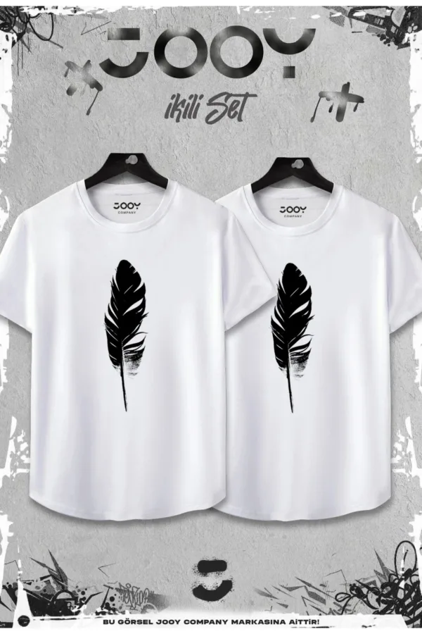 Beyaz 2'li Set Tüy Baskılı Slim Fit Oval Kesim Tshirt - S-alttext1