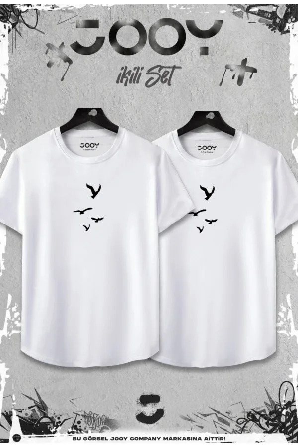 Beyaz 2'li Set Uçan Kuş Tasarım Kesim T-Shirt - XL-alttext1