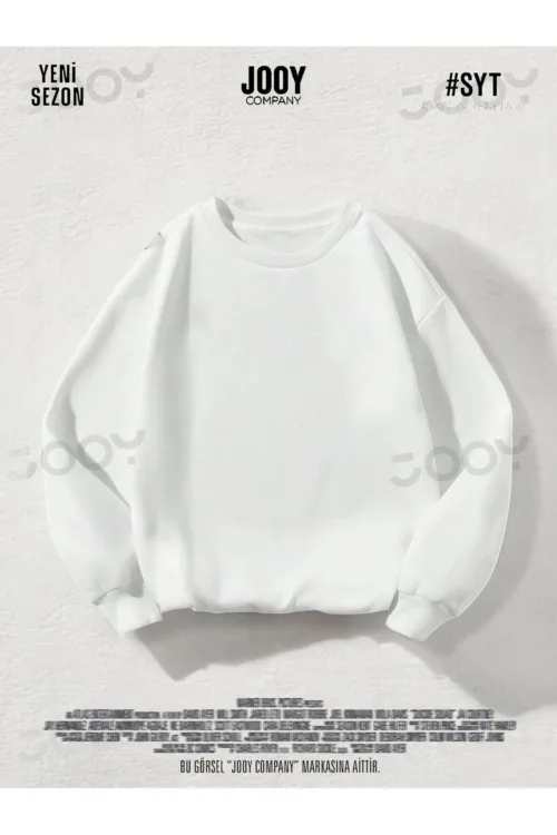 Beyaz 3 iplik Bisiklet Yaka Düz Baskısız Basic Sweatshirt