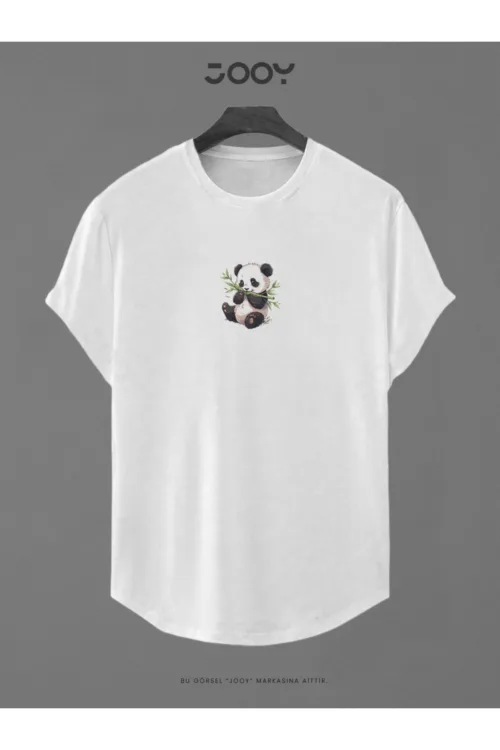Beyaz Bambu Panda Baskılı Slim Fit Oval Kesim T-Shirt