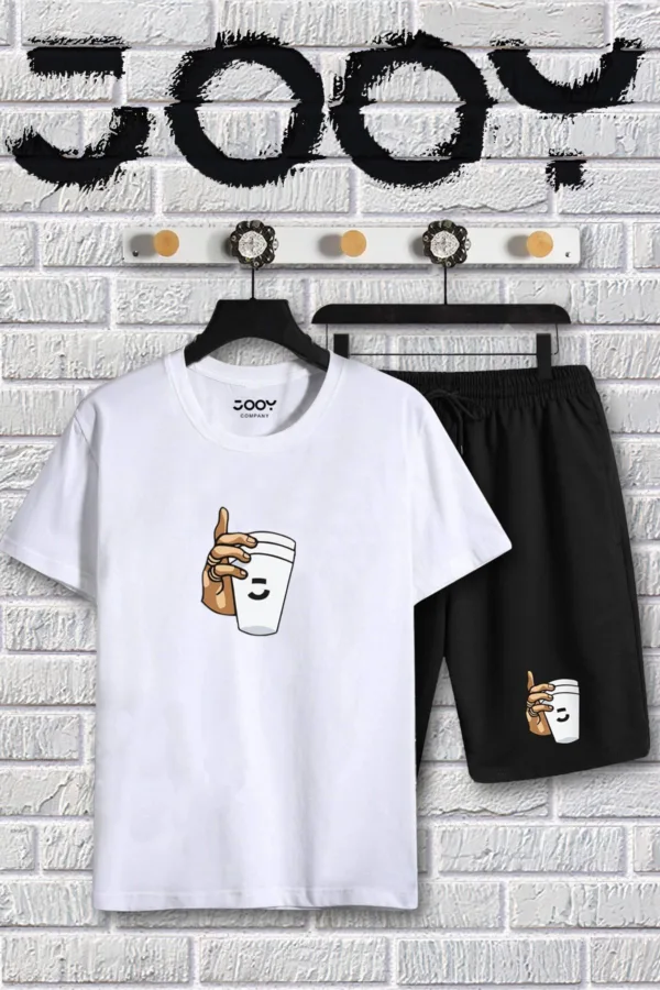 Beyaz Bardak Baskılı Oversize Tshirt Ve Penye Şort Takım - XL-alttext1