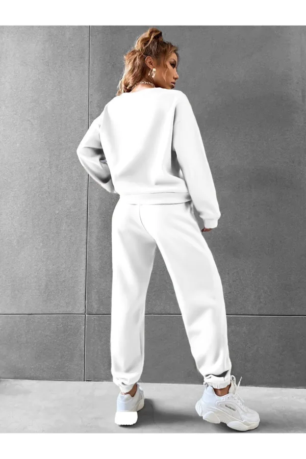 Beyaz Bisiklet Yaka Sweatshirt Beyaz Alt 3 İplik Kadın Eşofman Takımı - M-alttext2