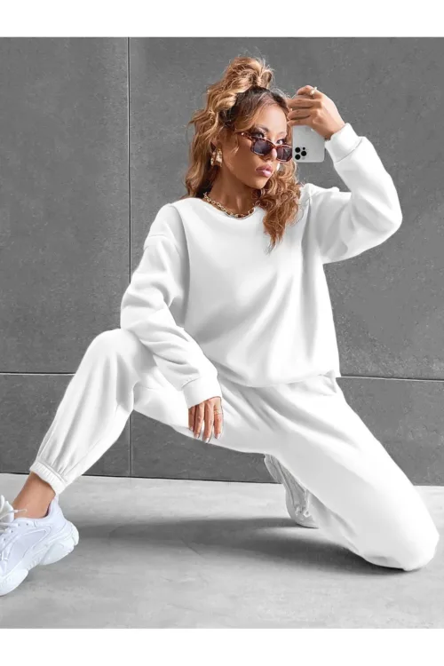 Beyaz Bisiklet Yaka Sweatshirt Beyaz Alt 3 İplik Kadın Eşofman Takımı