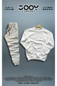 Beyaz Bisiklet Yaka Sweatshirt Gri Eşofman Altı Takım 2'li Kombin-alttext1