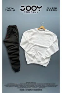 Beyaz Bisiklet Yaka Sweatshirt Siyah Eşofman Altı Takım 2'li Kombin-alttext1
