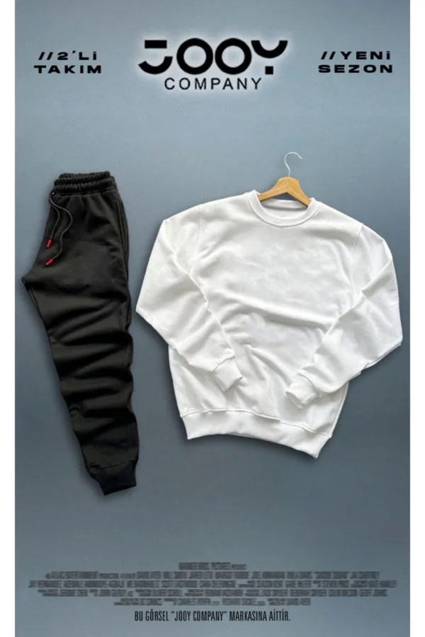 Beyaz Bisiklet Yaka Sweatshirt Siyah Eşofman Altı Takım 2'li Kombin - XL-alttext1