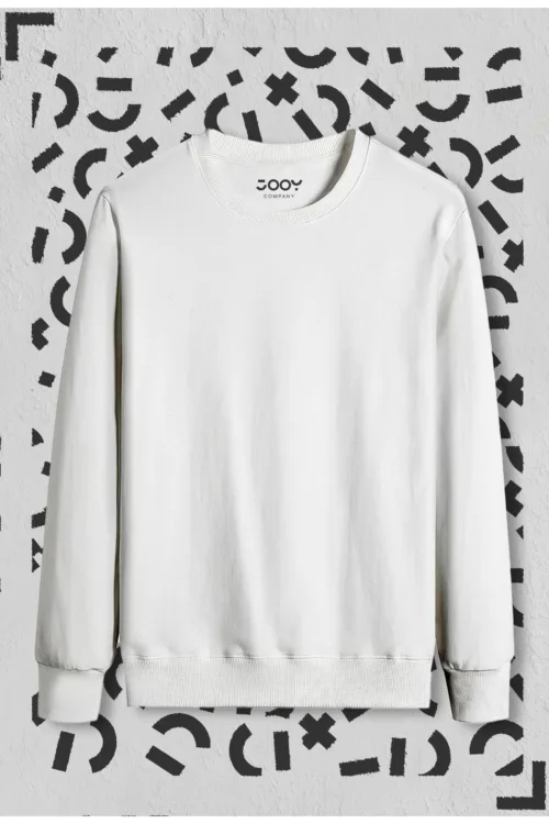 Beyaz Düz Basic Bisiklet Yaka Sweatshirt