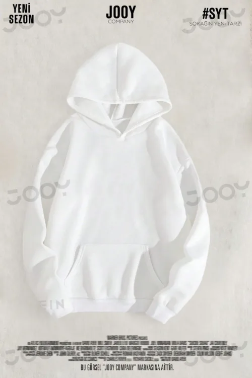 Beyaz Düz Baskısız Kalın Şardonlu 3 İplik Kapüşonlu Sweatshirt