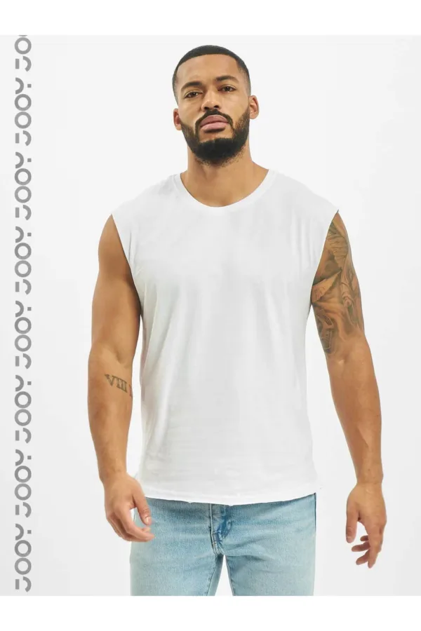 Beyaz Erkek Pamuklu Antrenman Sporcu Atleti Oversize Kolsuz T-Shirt - M-alttext4
