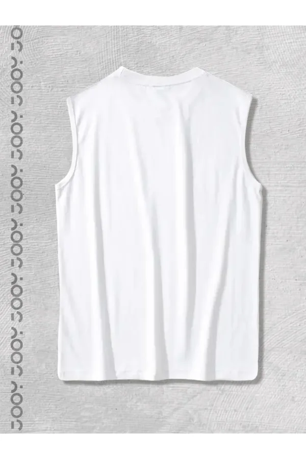 Beyaz Erkek Pamuklu Antrenman Sporcu Atleti Oversize Kolsuz T-Shirt - M-alttext6