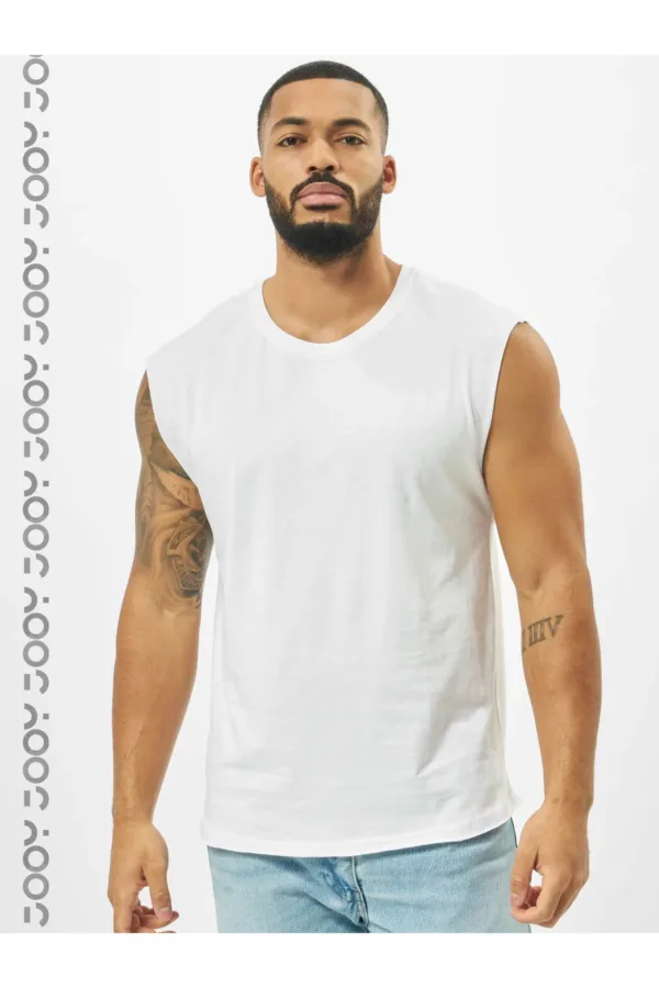 Beyaz Erkek Pamuklu Antrenman Sporcu Atleti Oversize Kolsuz T-Shirt - M-alttext1