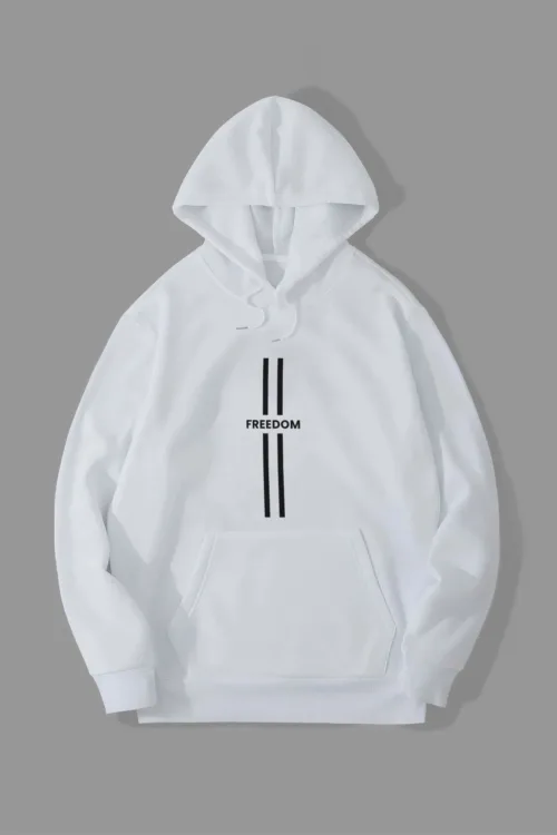 Beyaz Freedom Baskılı Kapüşonlu Sweatshirt Hoodie
