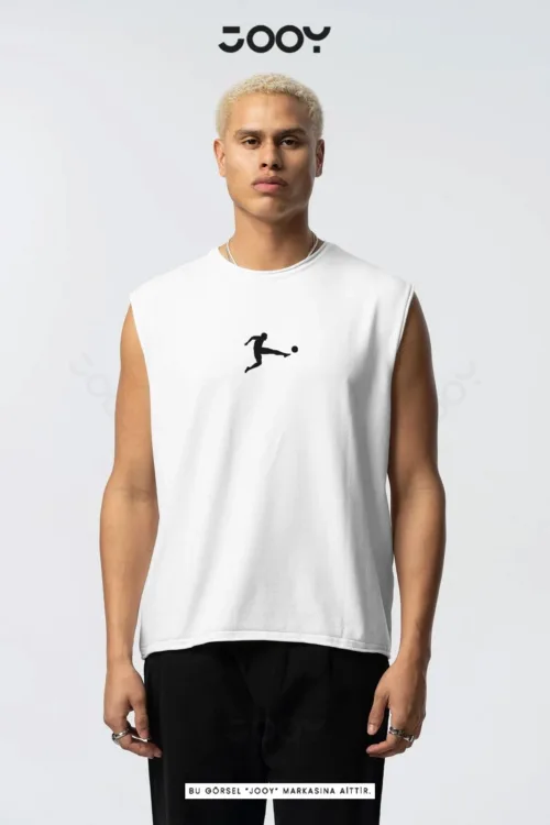 Beyaz Futbolcu Baskılı Antrenman Sporcu Atleti Oversize Kolsuz T-Shirt