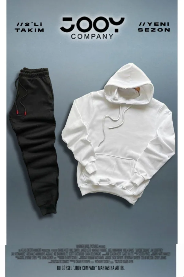 Beyaz Kapüşonlu Sweatshirt Siyah Eşofman Altı Takım 2'li Kombin - L-alttext1
