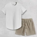 Beyaz Oval Kesim Tshirt - Bej Penye Şort 2'li Takım - S-alttext1