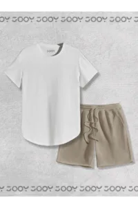 Beyaz Oval Kesim Tshirt - Bej Penye Şort 2'li Takım-alttext1