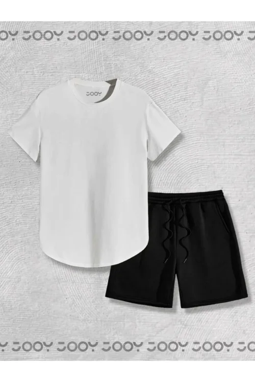 Beyaz Oval Kesim Tshirt – Siyah Penye Şort 2’li Takım