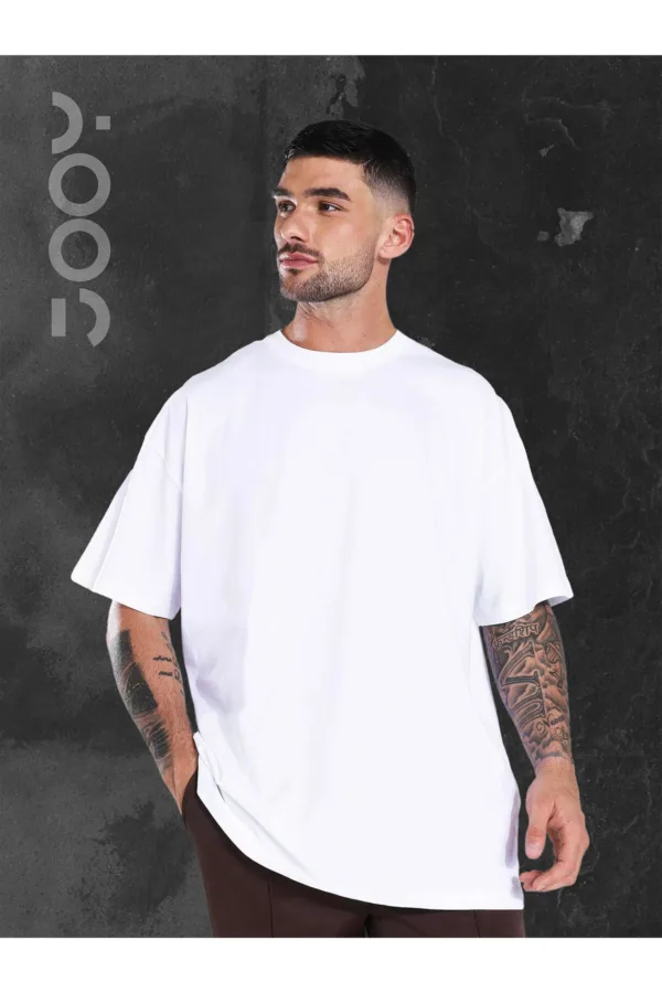 Beyaz Oversize Geniş Kalıp Düz Baskısız Basic Tshirt - L-alttext1