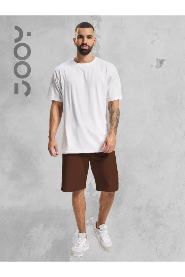 Beyaz Oversize Tshirt - Kahverengi Penye Şort Takım - XL-alttext1