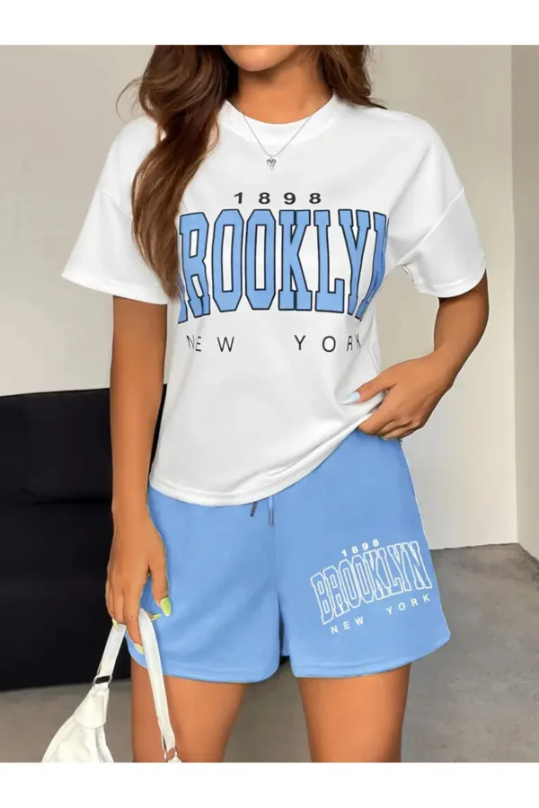 Brooklyn 1898 Baskılı Oversize T-Shirt Mavi Şort Alt Üst Takım - S-alttext2