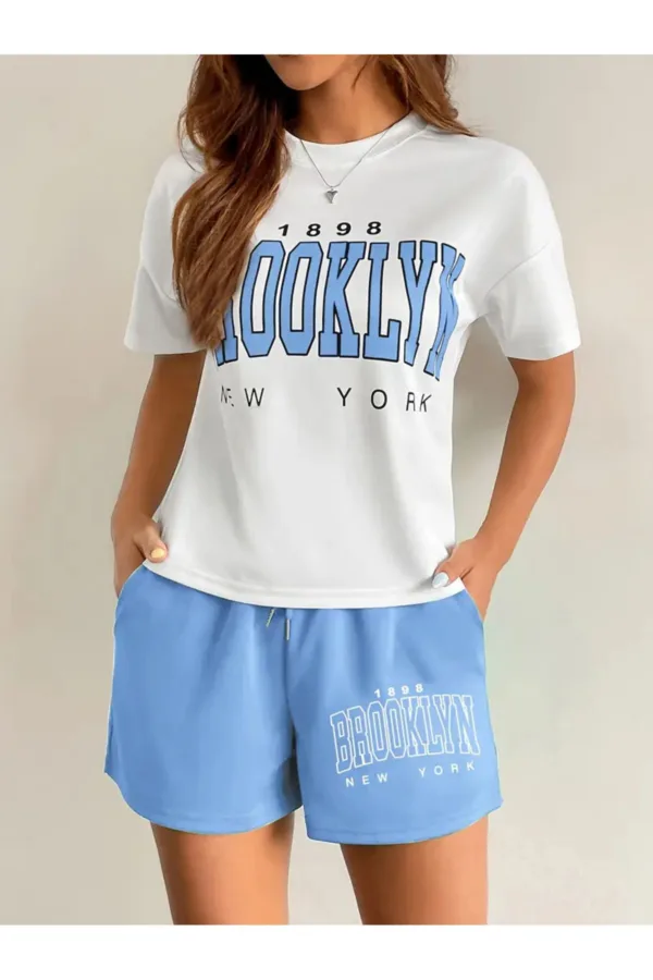 Brooklyn 1898 Baskılı Oversize T-Shirt Mavi Şort Alt Üst Takım - S-alttext3