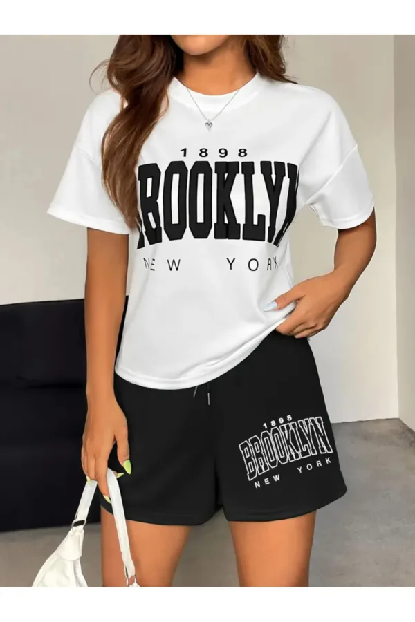 Brooklyn 1898 Baskılı Oversize T-Shirt Siyah Şort Alt Üst Takım - M-alttext1