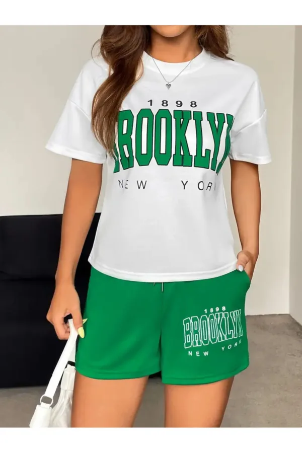 Brooklyn 1898 Baskılı Oversize T-Shirt Yeşil Şort Alt Üst Takım - XL-alttext2