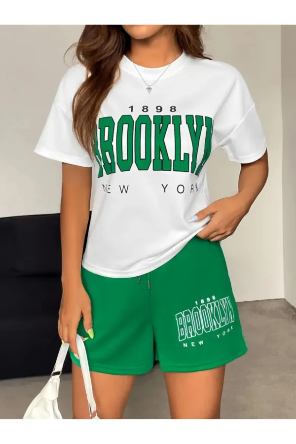 Brooklyn 1898 Baskılı Oversize T-Shirt Yeşil Şort Alt Üst Takım - XL-alttext3