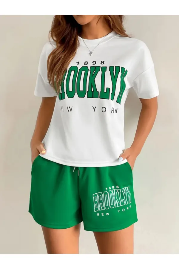 Brooklyn 1898 Baskılı Oversize T-Shirt Yeşil Şort Alt Üst Takım - XL-alttext4