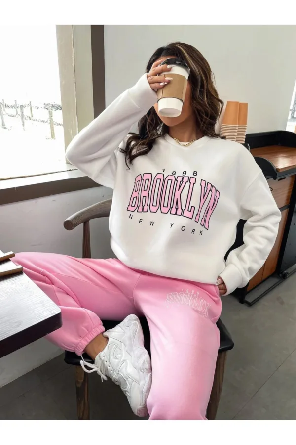 Brooklyn 1898 Beyaz Sweatshirt Pembe Alt 3 İplik Kadın Eşofman Takımı - XL-alttext2