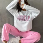 Brooklyn 1898 Beyaz Sweatshirt Pembe Alt 3 İplik Kadın Eşofman Takımı - XL-alttext1