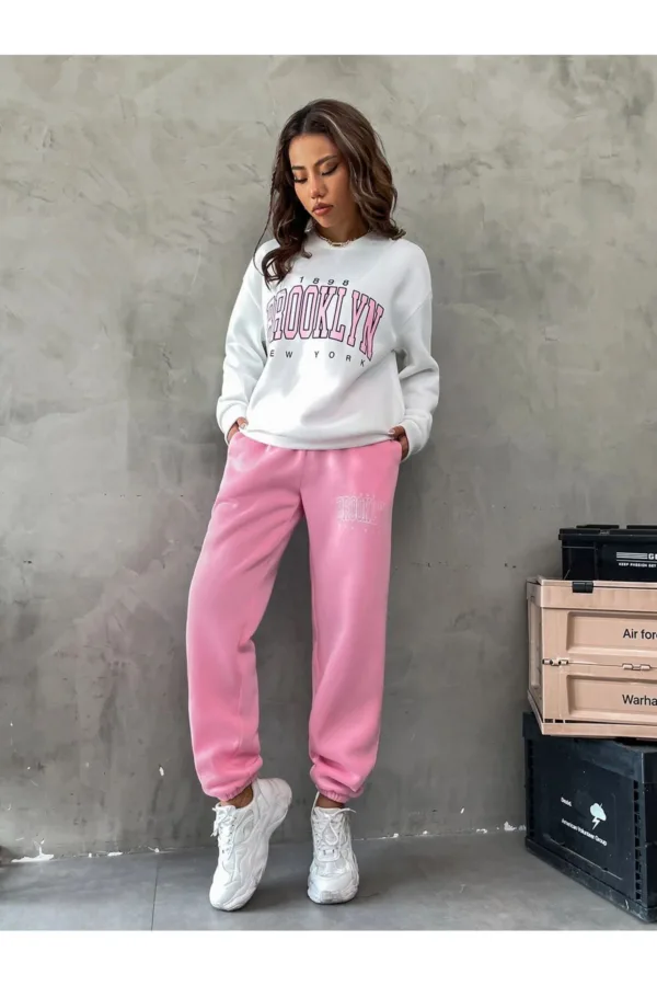 Brooklyn 1898 Beyaz Sweatshirt Pembe Alt 3 İplik Kadın Eşofman Takımı - XL-alttext3