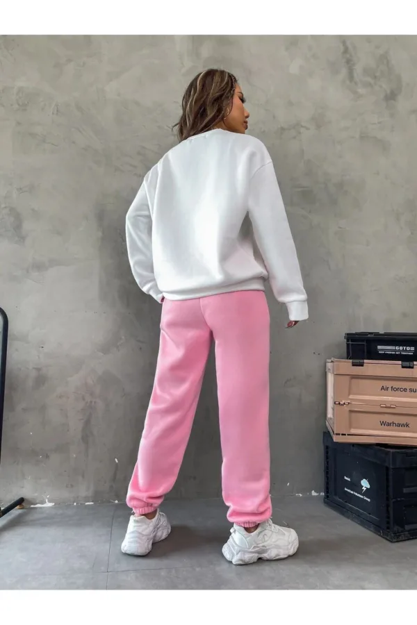 Brooklyn 1898 Beyaz Sweatshirt Pembe Alt 3 İplik Kadın Eşofman Takımı - XL-alttext4
