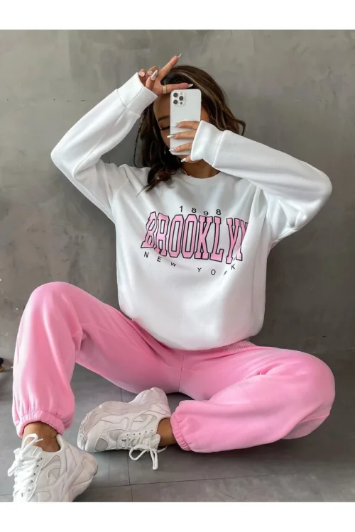 Brooklyn 1898 Beyaz Sweatshirt Pembe Alt 3 İplik Kadın Eşofman Takımı