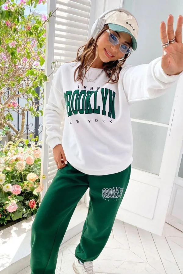 Brooklyn 1898 Beyaz Sweatshirt Yeşil Alt 3 İplik Kadın Eşofman Takımı - M-alttext2