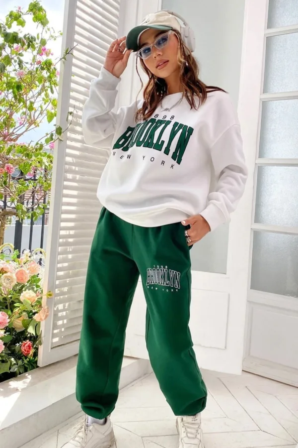 Brooklyn 1898 Beyaz Sweatshirt Yeşil Alt 3 İplik Kadın Eşofman Takımı - M-alttext3