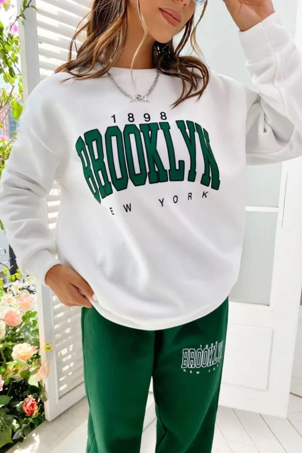 Brooklyn 1898 Beyaz Sweatshirt Yeşil Alt 3 İplik Kadın Eşofman Takımı - M-alttext4
