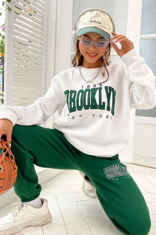 Brooklyn 1898 Beyaz Sweatshirt Yeşil Alt 3 İplik Kadın Eşofman Takımı