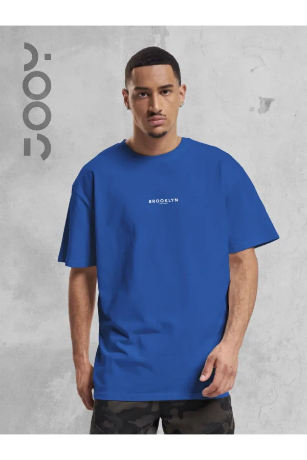 Brooklyn JC Baskılı Geniş Kalıp Oversize Saks Mavi T-Shirt - M-alttext2