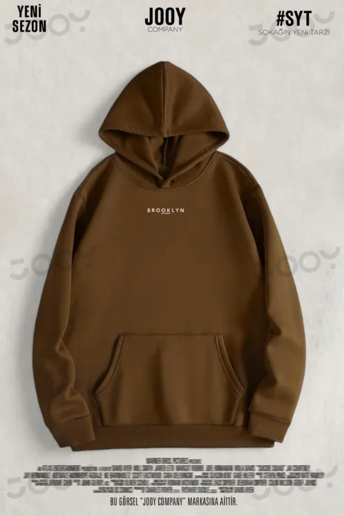 Brooklyn JC Baskılı Kahverengi 3 İplik Kapüşonlu Sweatshirt Hoodie