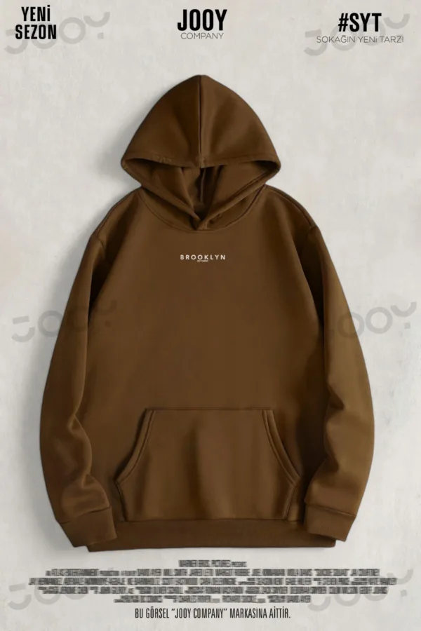 Brooklyn JC Baskılı Kahverengi 3 İplik Kapüşonlu Sweatshirt Hoodie - L-alttext1